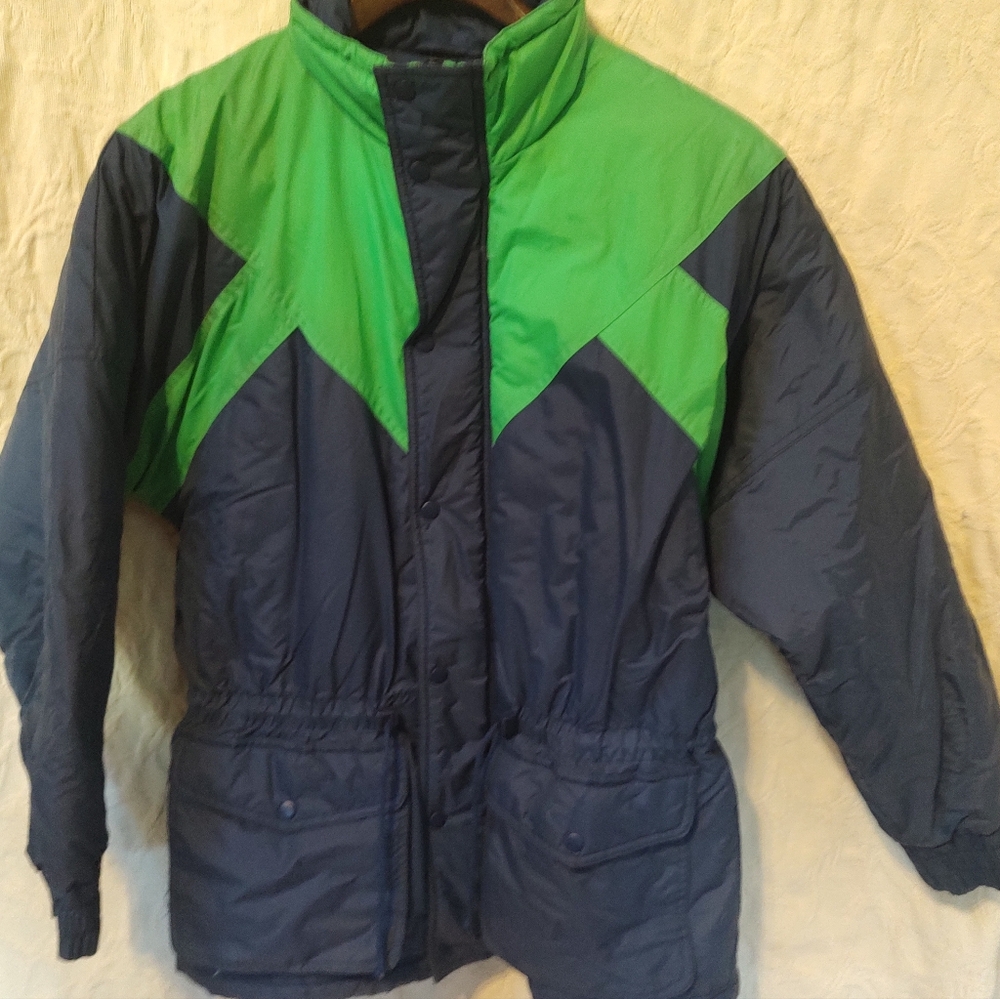 Vintage Men's Max Active Green and Navy Puffer Jacket Size XL 18-20